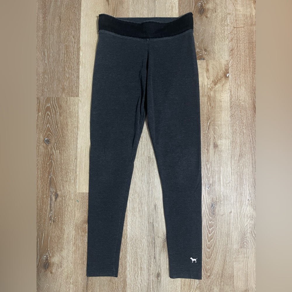 VTG PINK YOGA Charcoal Gray Leggings with Black Lace VS ‘PINK’ Logo Waistband SP